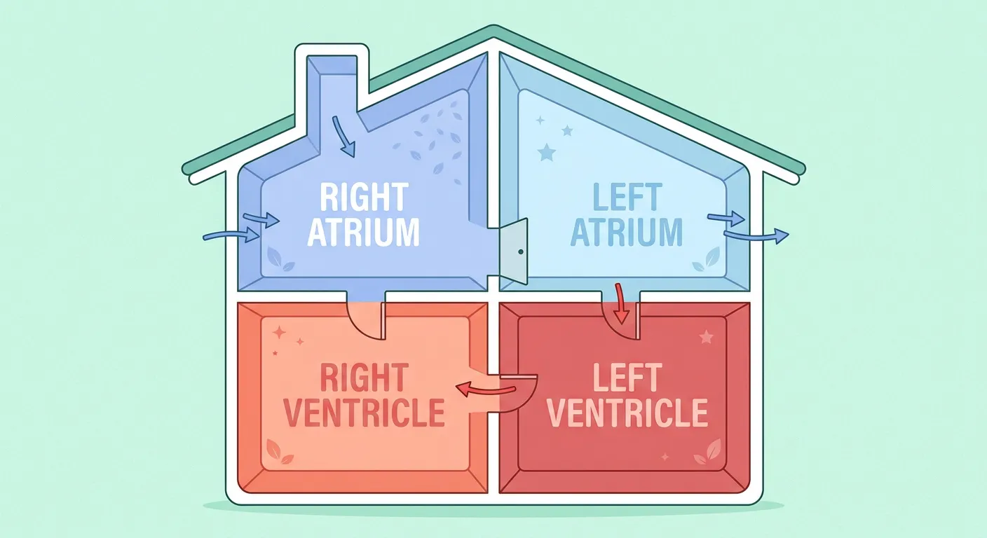 Internal anatomy of the human heart showing atria, ventricles, and septa.