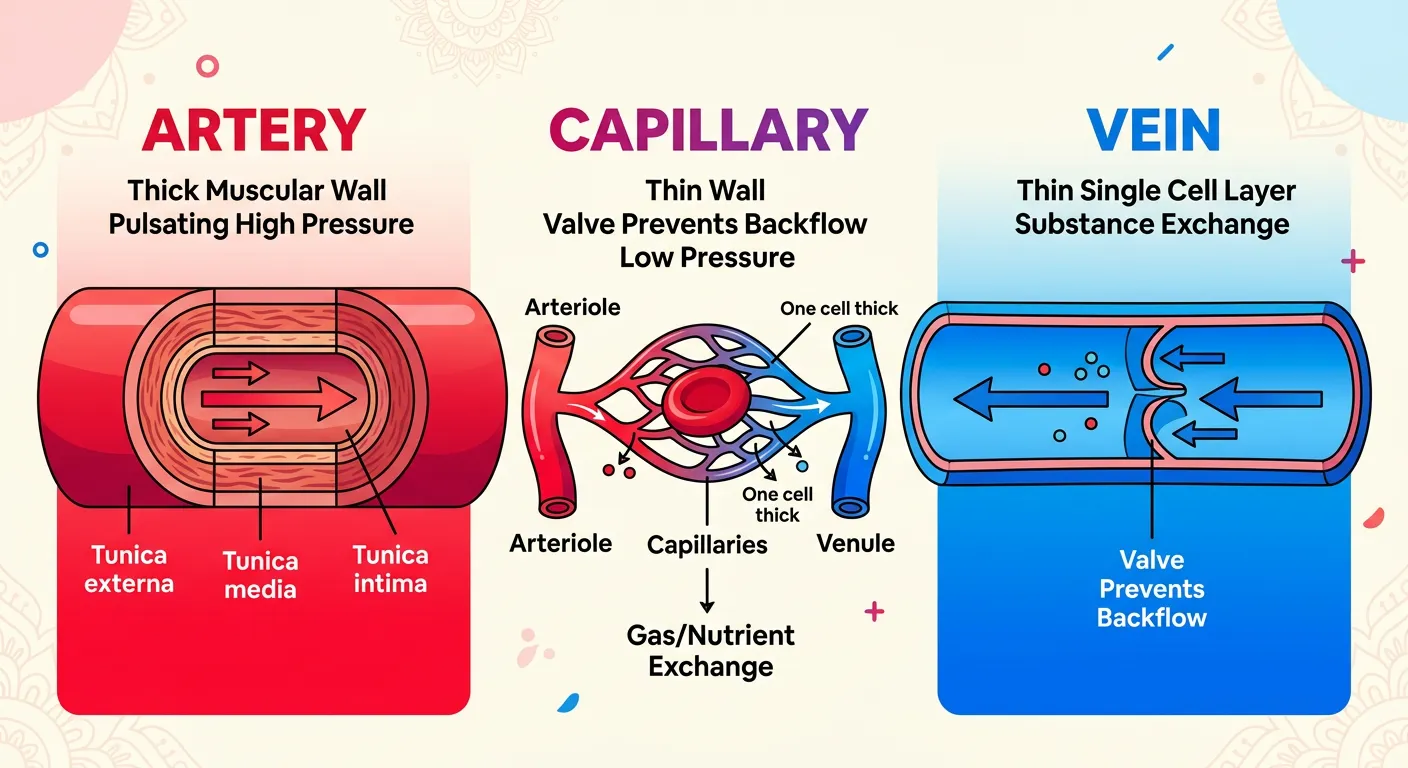 Comparison diagram showing the cross-section of an artery, a vein, and a capillary.