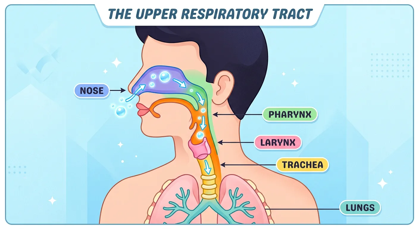 Anatomy of the upper respiratory tract including nasal cavity, pharynx, larynx, and epiglottis.