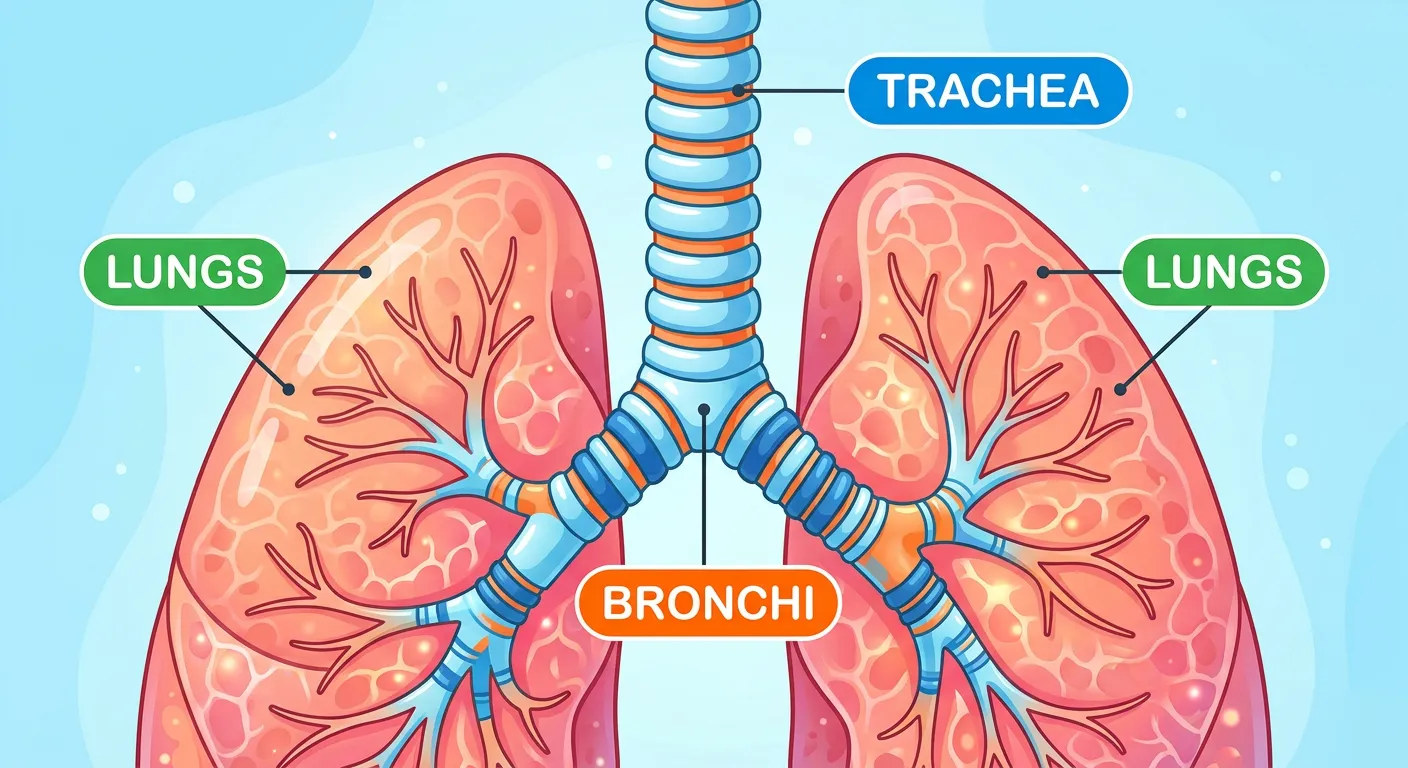 Diagram of the trachea and bronchial tree showing C-shaped cartilaginous rings and branching.