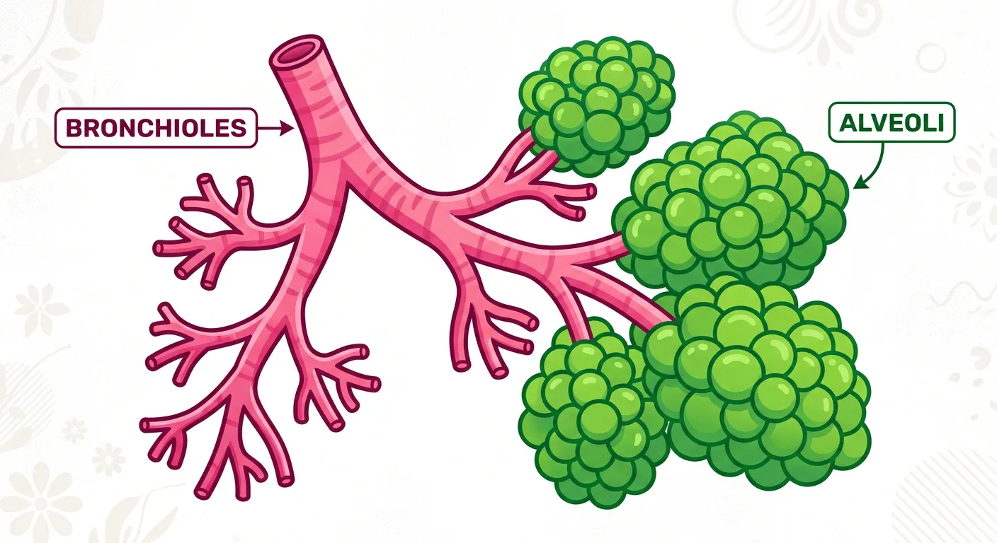 Microscopic view of alveoli showing pneumocytes and the respiratory membrane.
