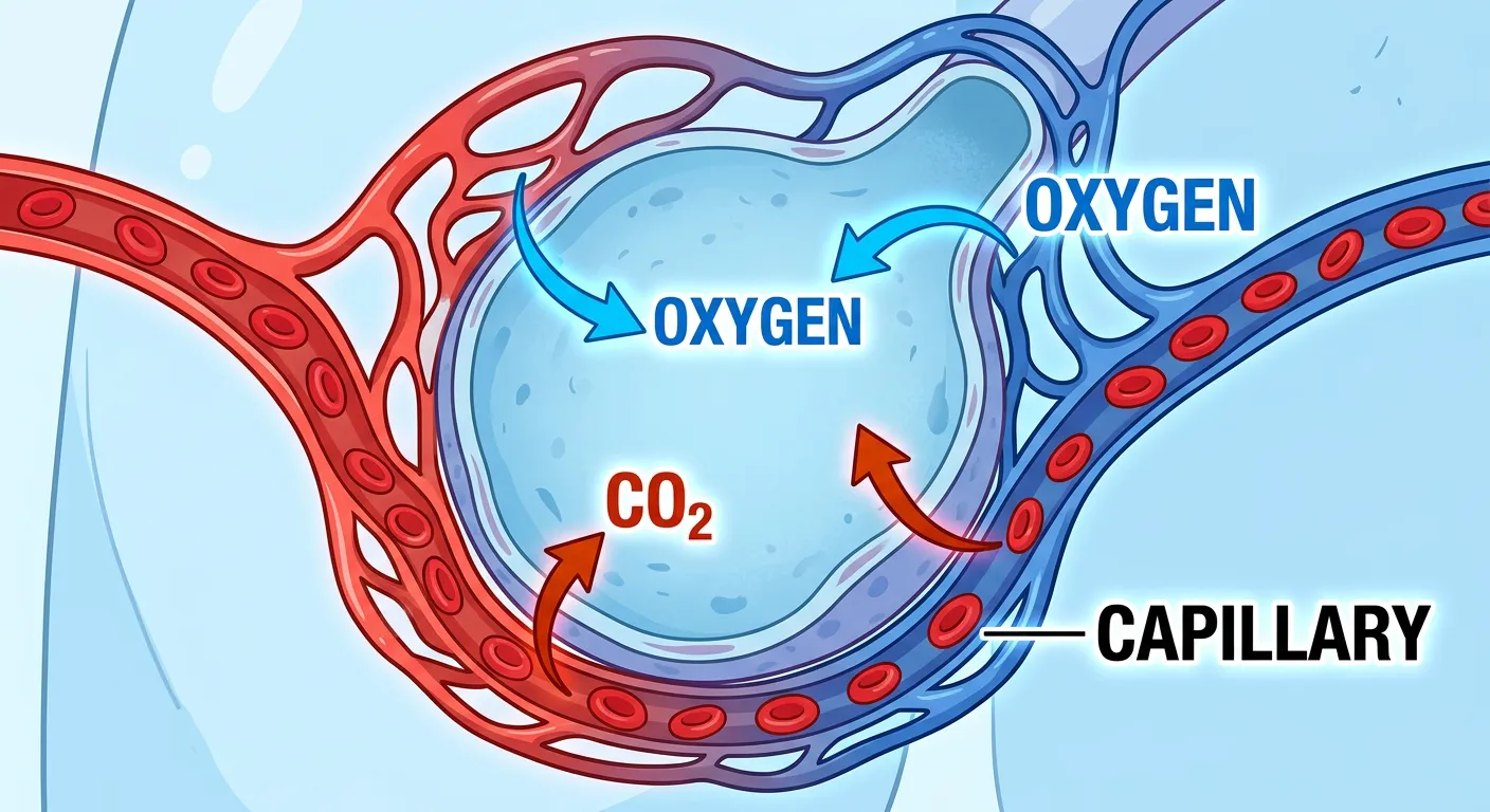 Chart showing partial pressure gradients for O2 and CO2 at various points in the body.