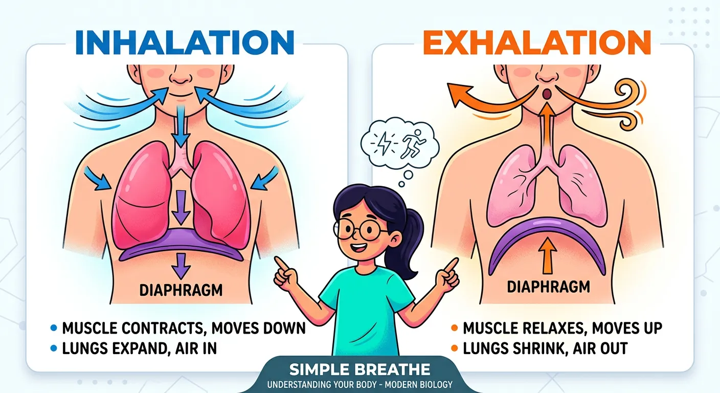 Illustration showing diaphragm movement and thoracic volume changes during breathing.