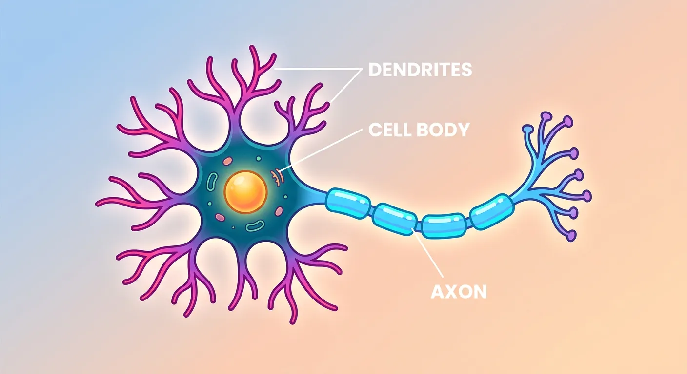 Detailed anatomy of a neuron showing cell body, axon, and dendrites.