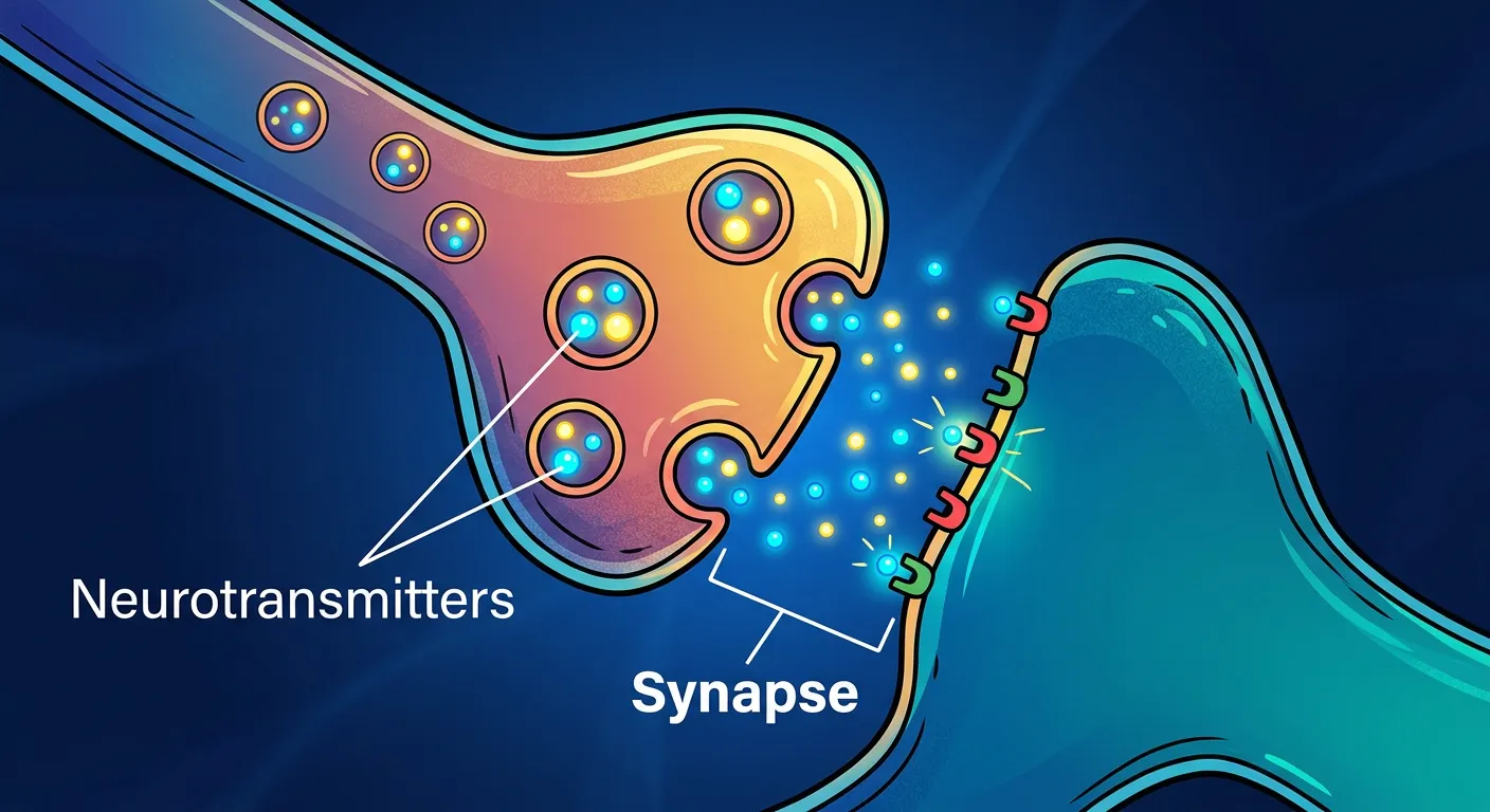 Illustration of a synapse showing the synaptic cleft and neurotransmitter release.