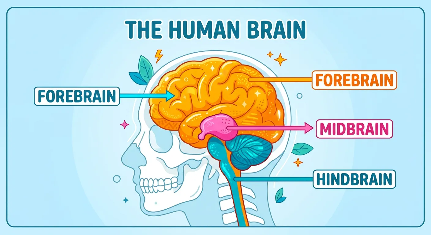 Anatomical view of the human brain highlighting fore, mid, and hindbrain areas.