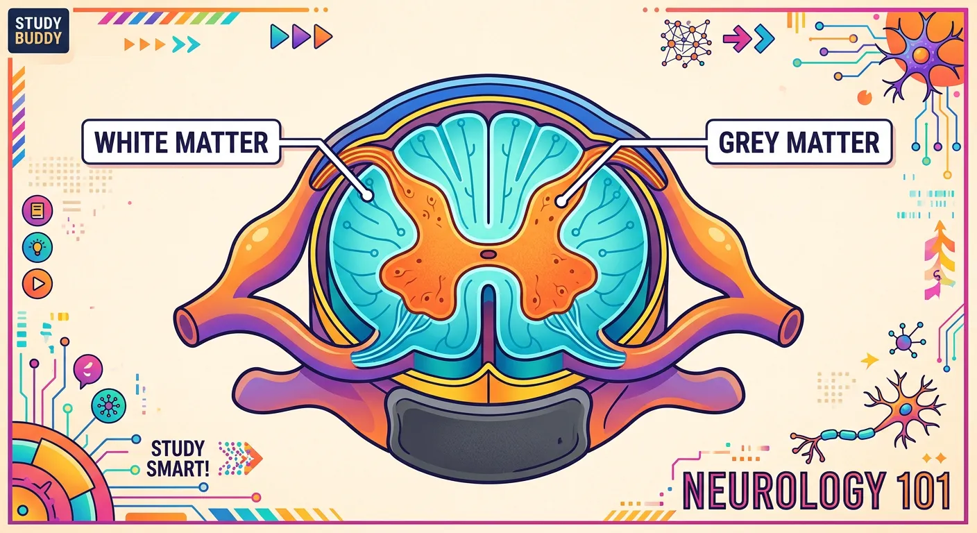 Cross-section of the spinal cord showing meninges and matter organization.