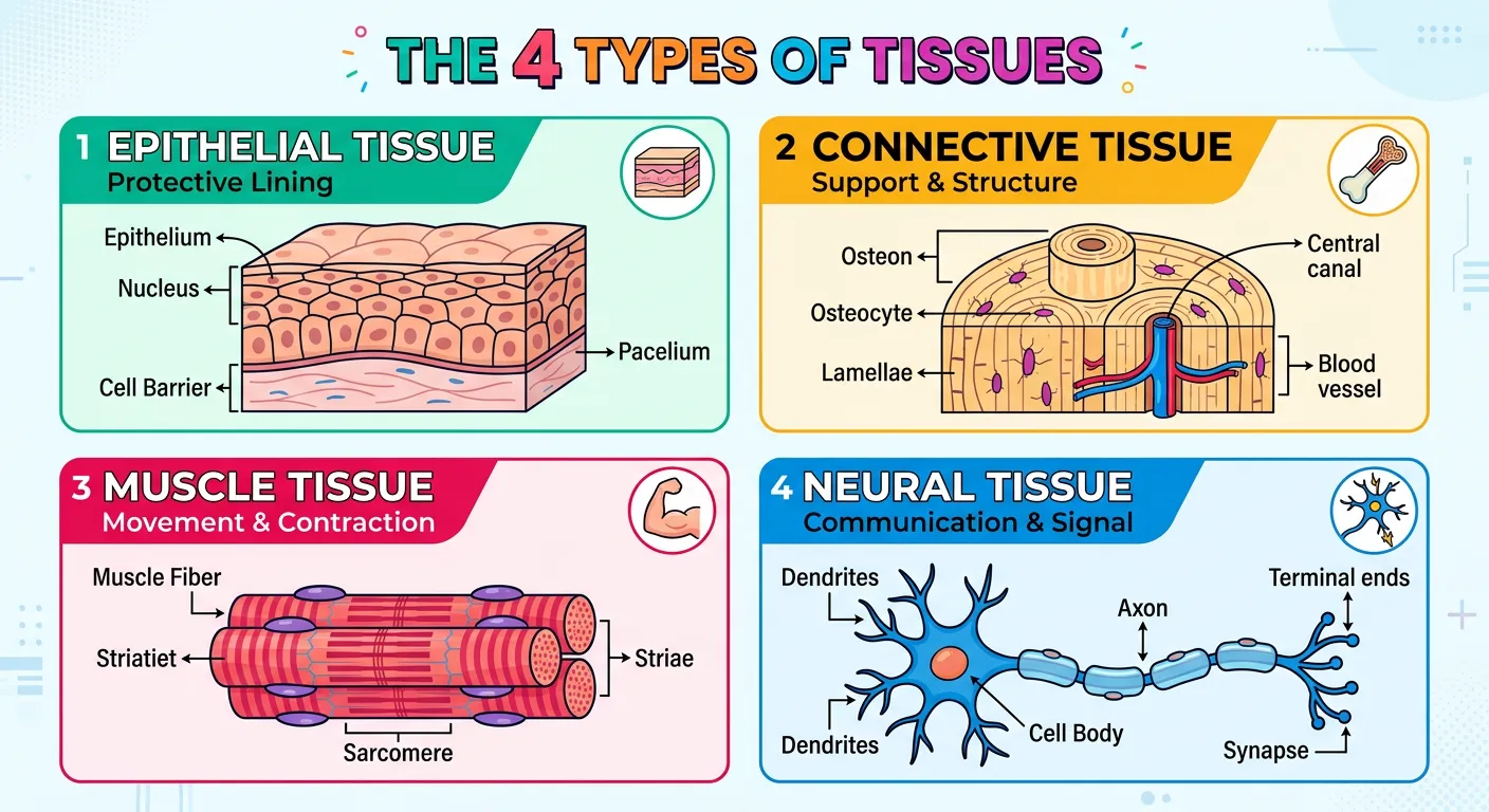 Overview of the four animal tissue types: epithelial, connective, muscle, and nervous.