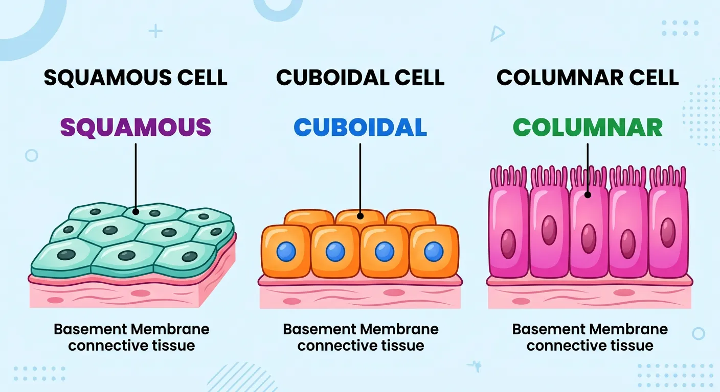 Microscopic views of squamous, cuboidal, and columnar epithelial tissues.