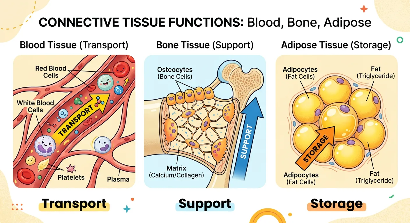 Diagrams of loose, dense, and specialized connective tissues like bone and blood.