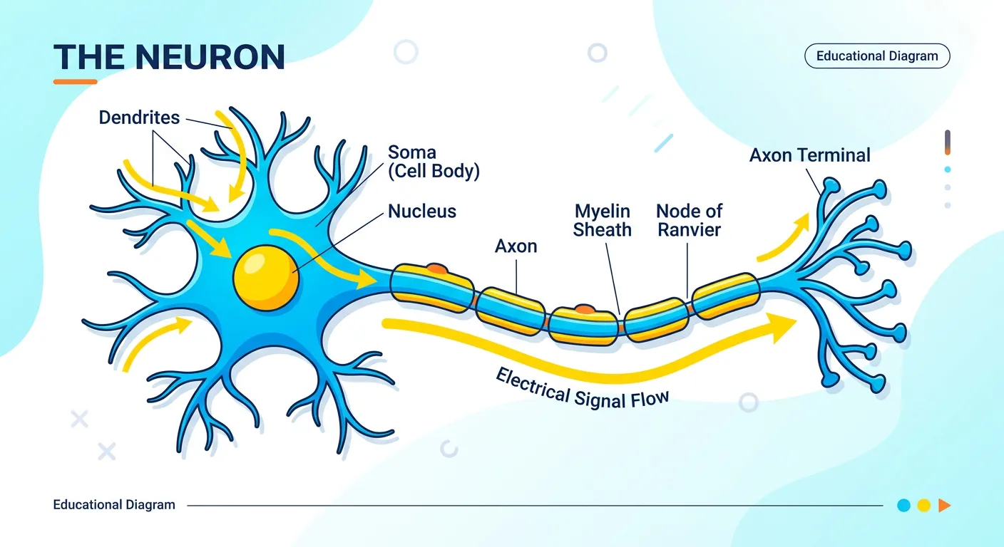 Detailed structure of a neuron showing the cyton, dendrites, and axon with neuroglial cells.