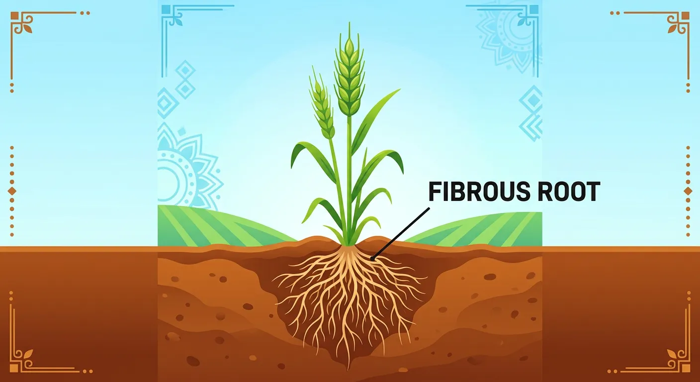 Diagram of a fibrous root system showing a cluster of roots at the base of a monocot stem.