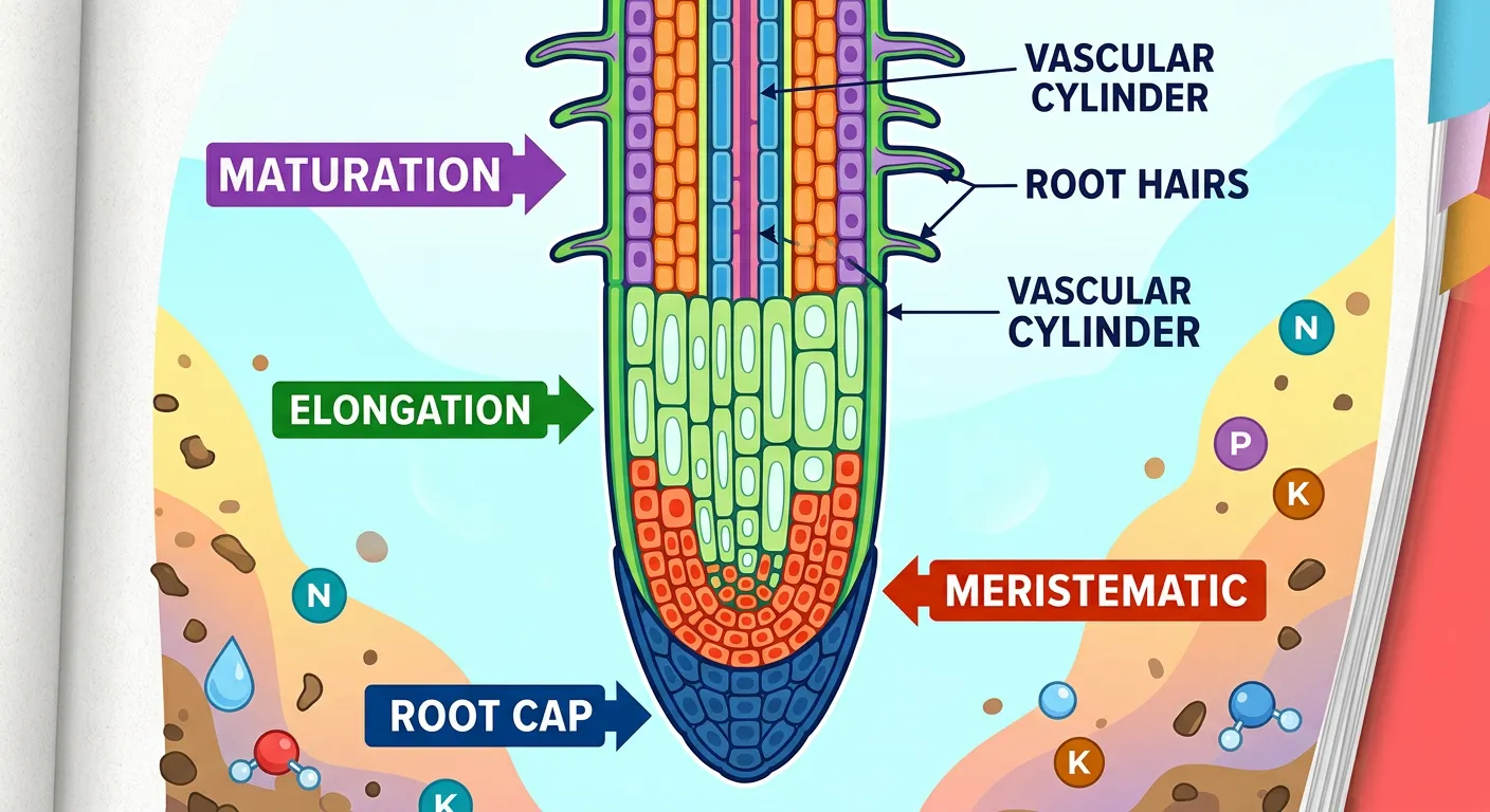 Detailed longitudinal section of a root tip showing the different growth zones.
