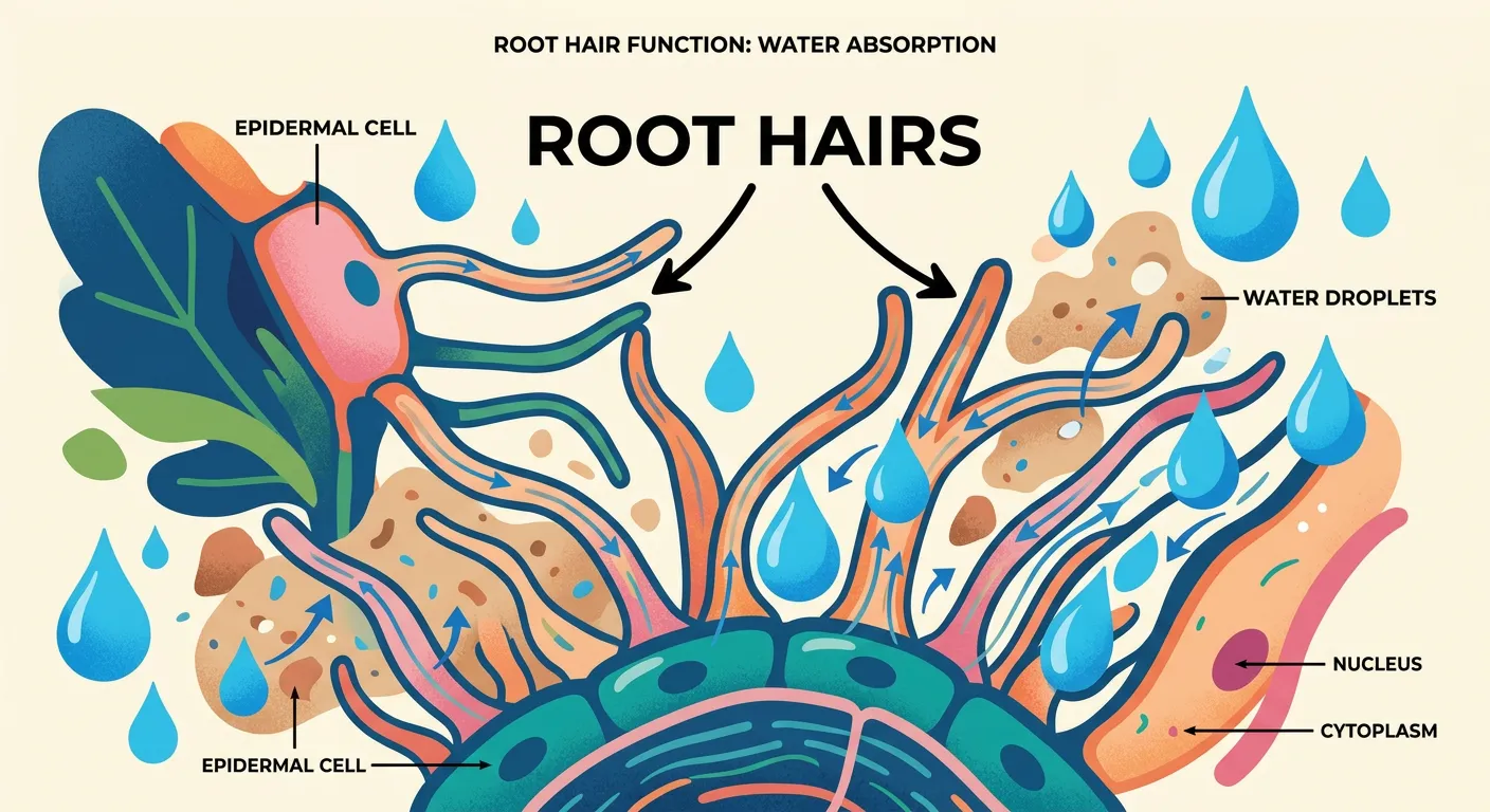 Microscopic view of root hairs emerging from epidermal cells.