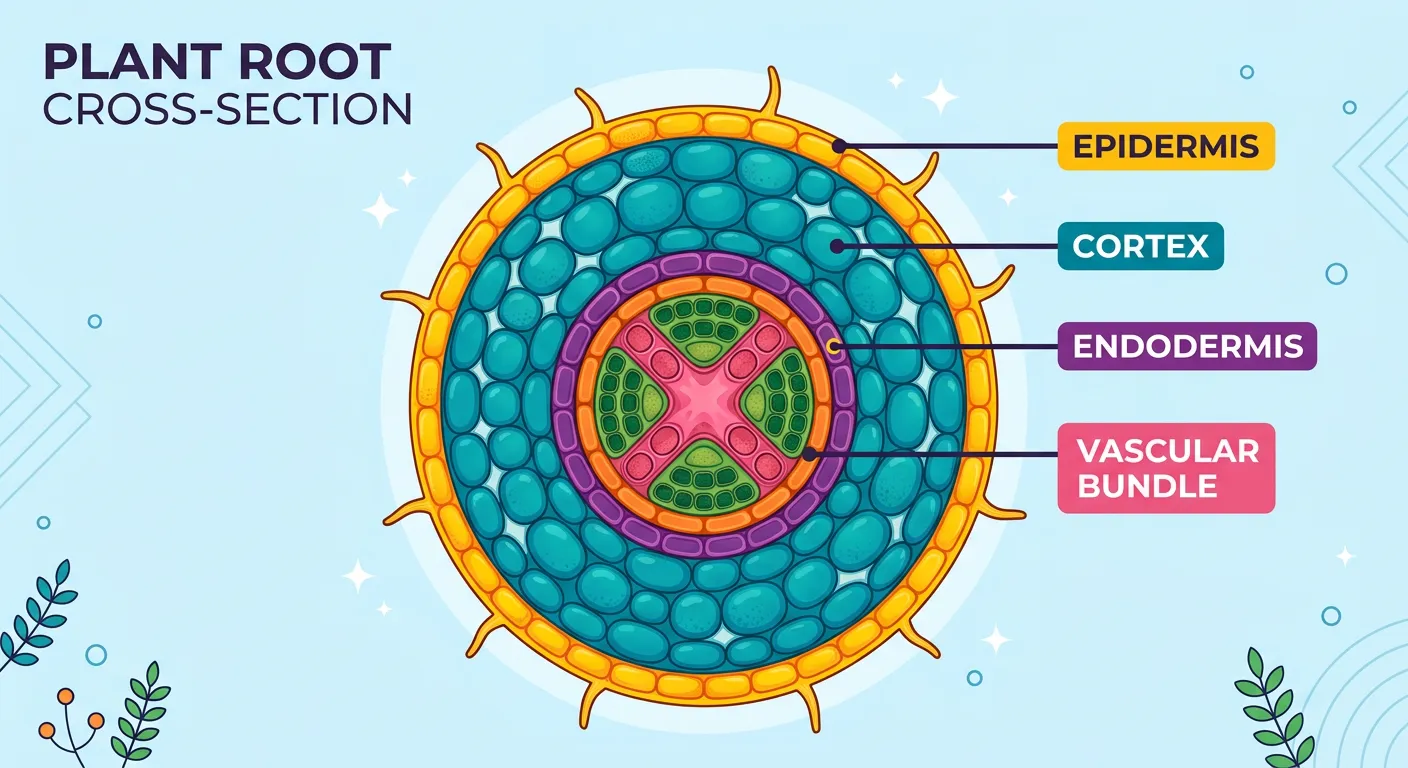 Transverse section of a root showing the epidermis, cortex, endodermis, and stele.