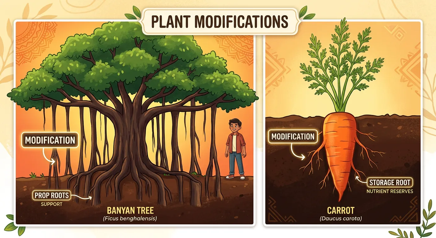 Collage of different root modifications: Prop roots, Pneumatophores, and storage roots.