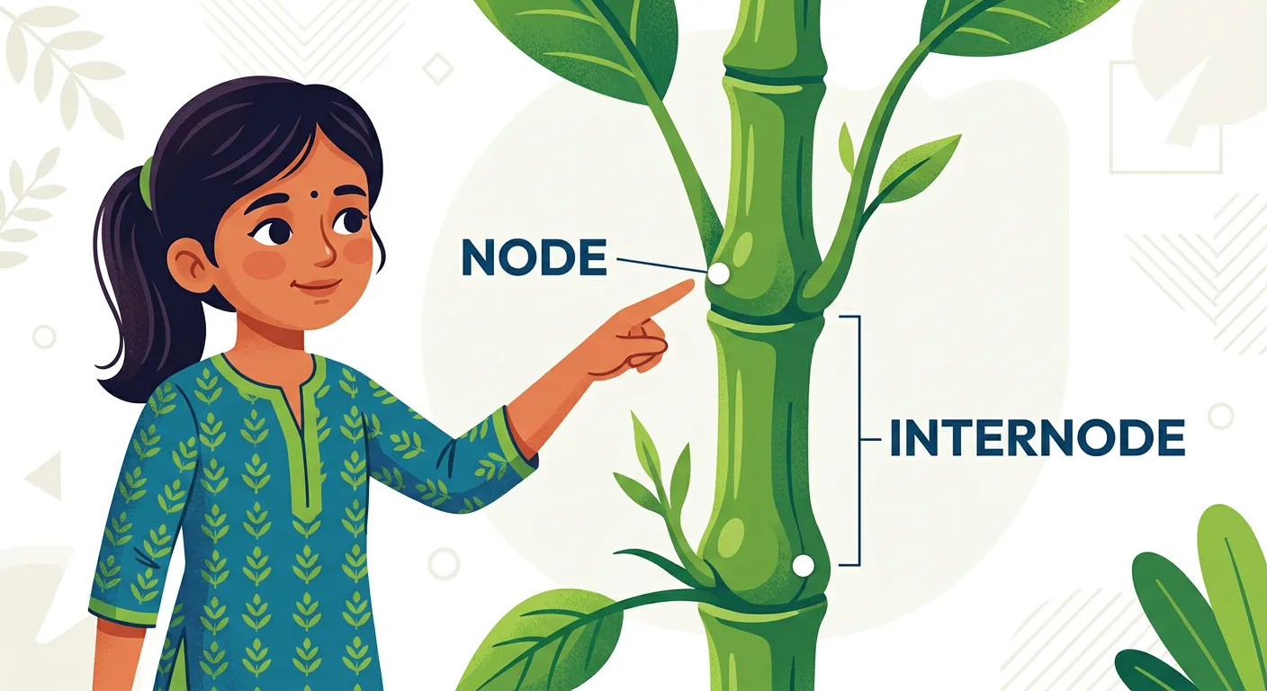 Close-up of a sugarcane stem highlighting nodes and internodes.
