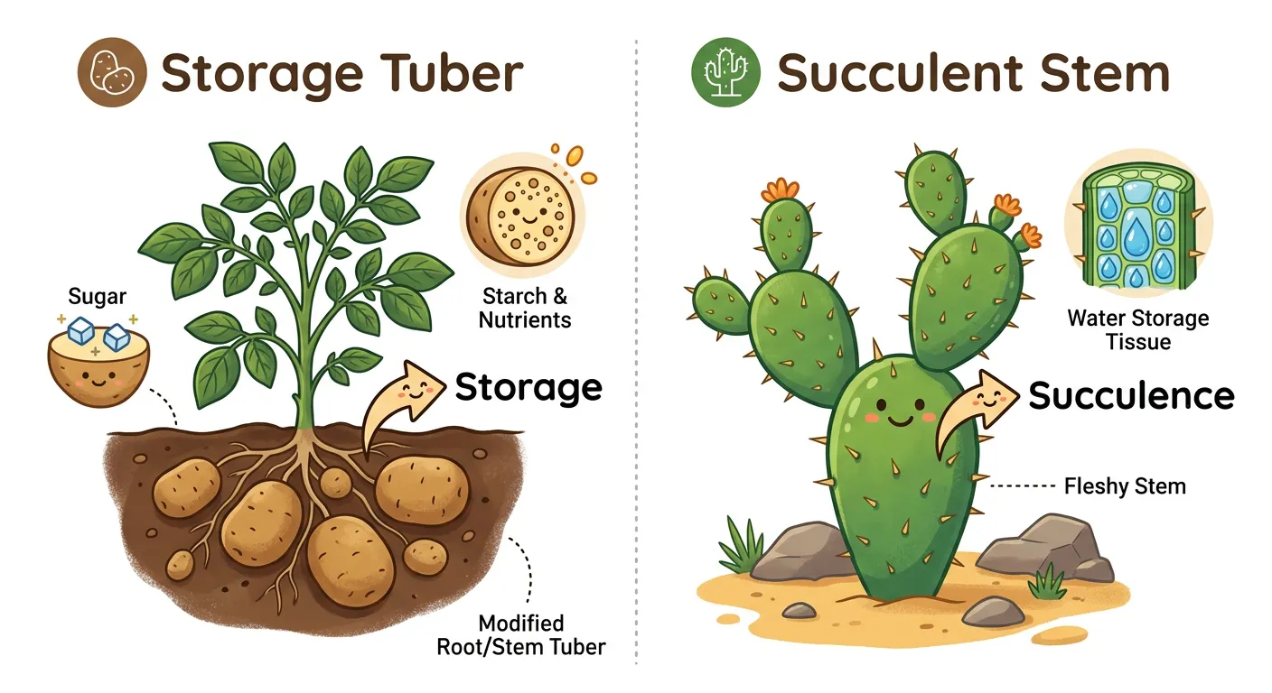 Images of potato tubers and cactus phylloclades showing stem modifications.