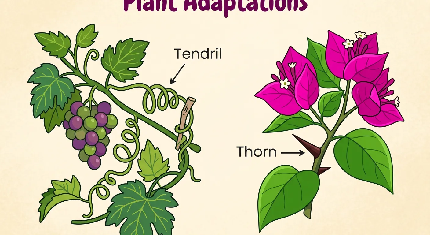 Illustration of stem tendrils coiling and sharp thorns on a branch.