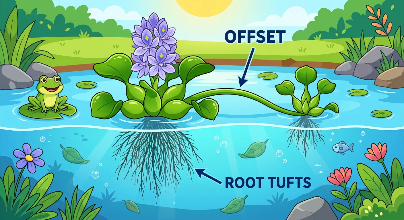 Image of Water Hyacinth (Eichhornia) showing offsets and rosette leaves.