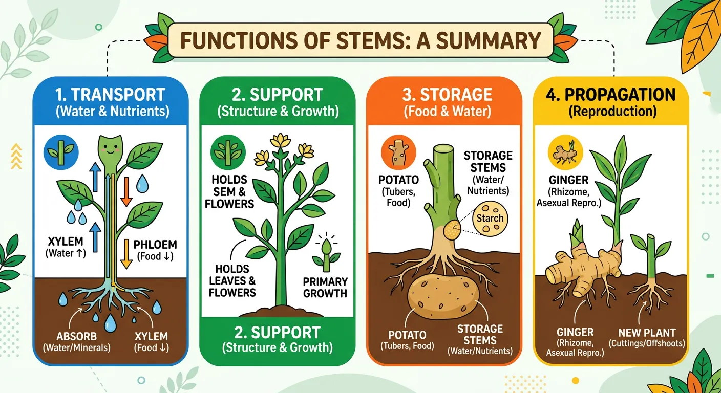 Summary table and diagram of various stem functions and modifications.