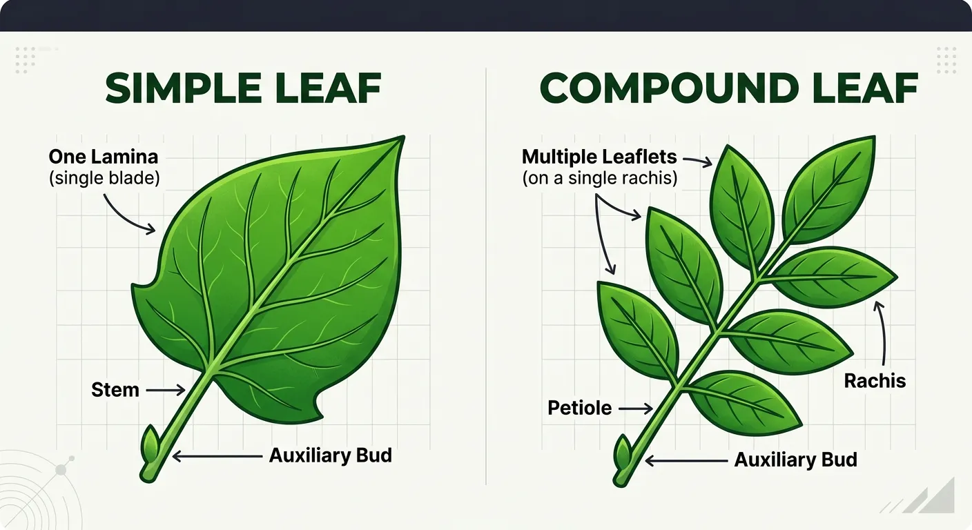 Comparison between a simple leaf and a compound leaf highlighting the axillary bud.