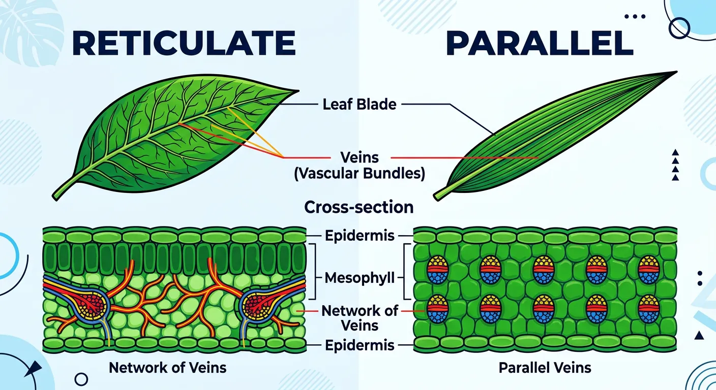 Comparison of reticulate venation in a dicot leaf and parallel venation in a monocot leaf.