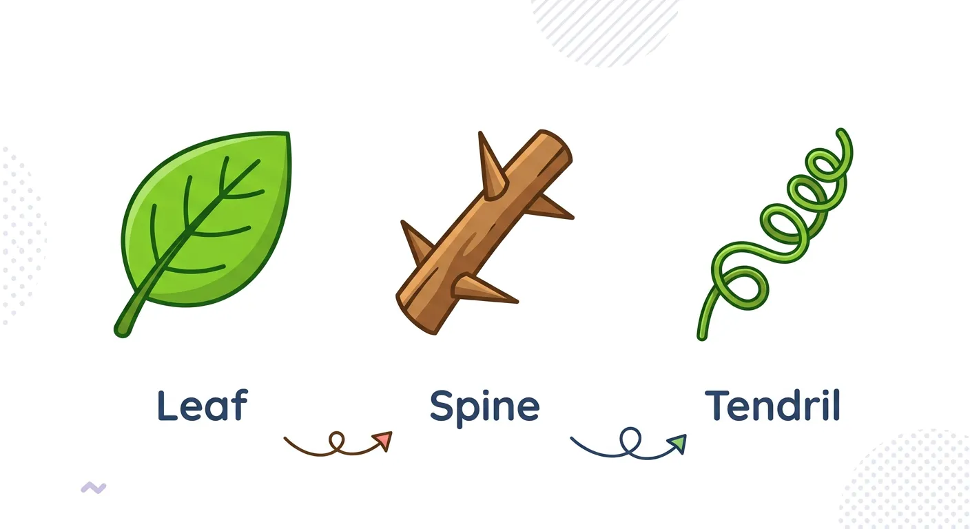 Illustrations of leaf tendrils in peas and leaf spines in a cactus.