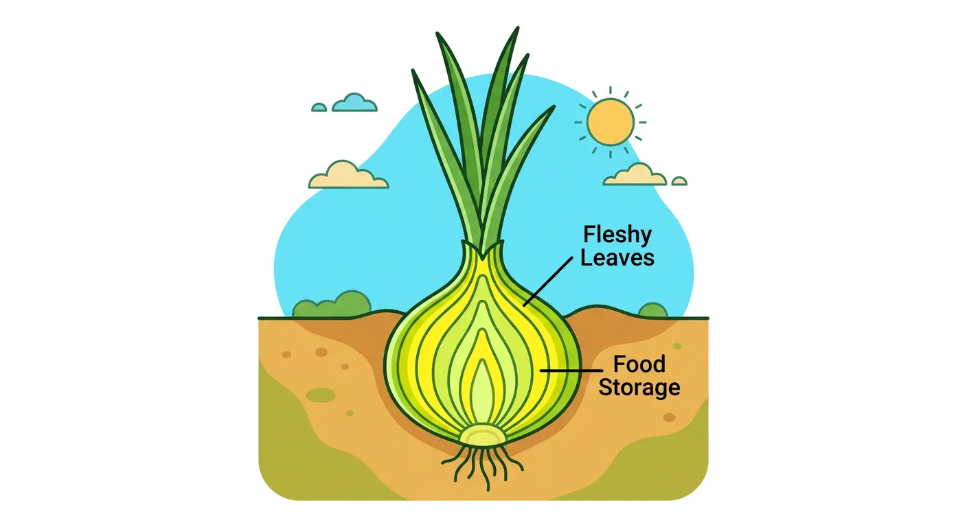 Diagram of an onion bulb showing fleshy leaves and Australian Acacia showing phyllodes.