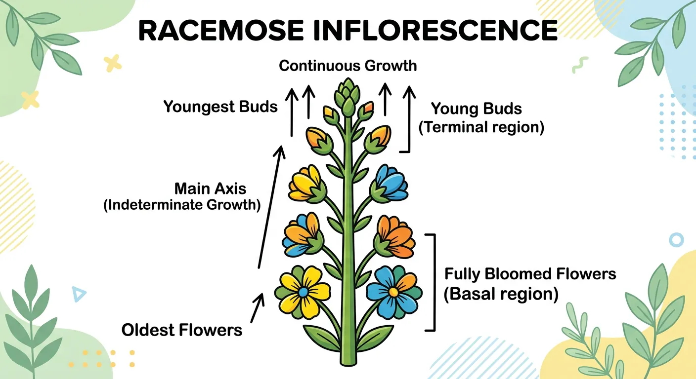 Illustration of acropetal succession in Racemose inflorescence