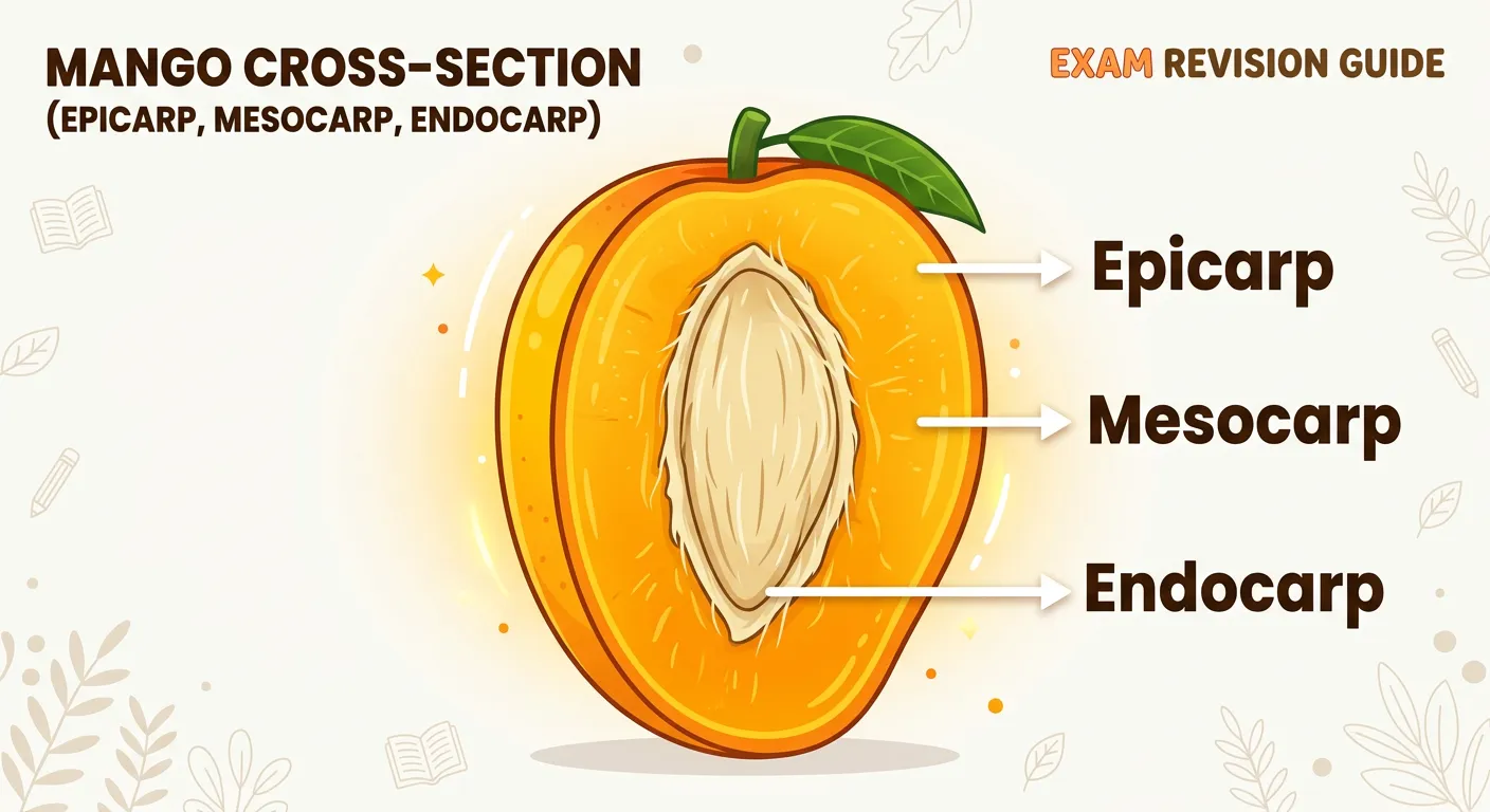 Cross-section of a fruit showing Epicarp, Mesocarp, and Endocarp