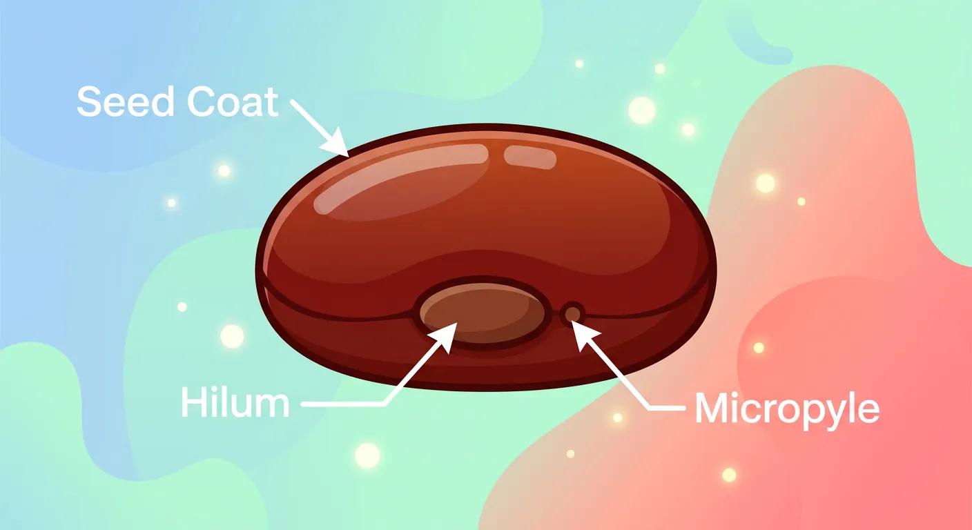 Microscopic view and diagram of the seed coat showing the hilum and micropyle.
