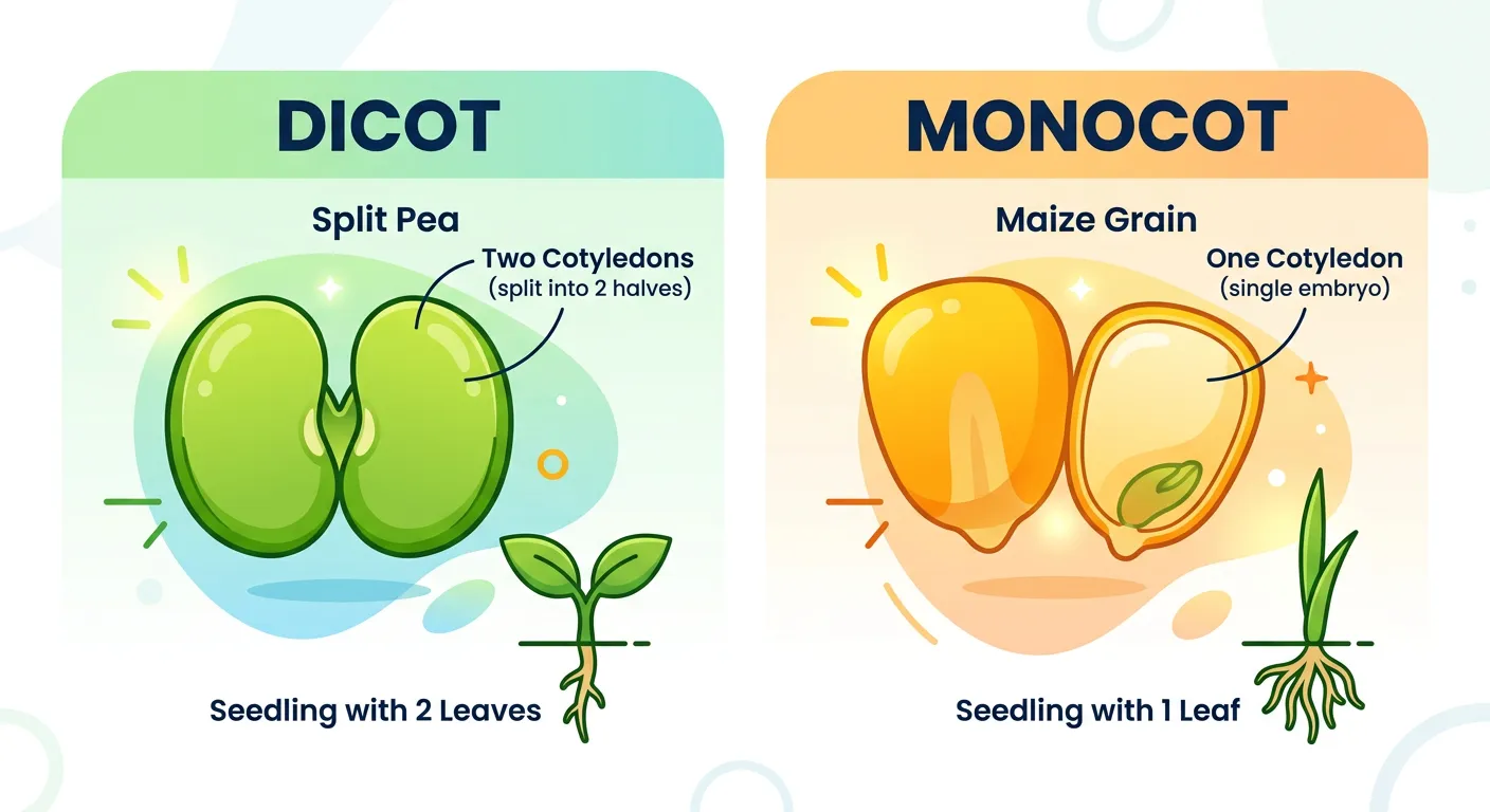 Comparison diagram showing the cross-section of a monocot vs. a dicot seed.