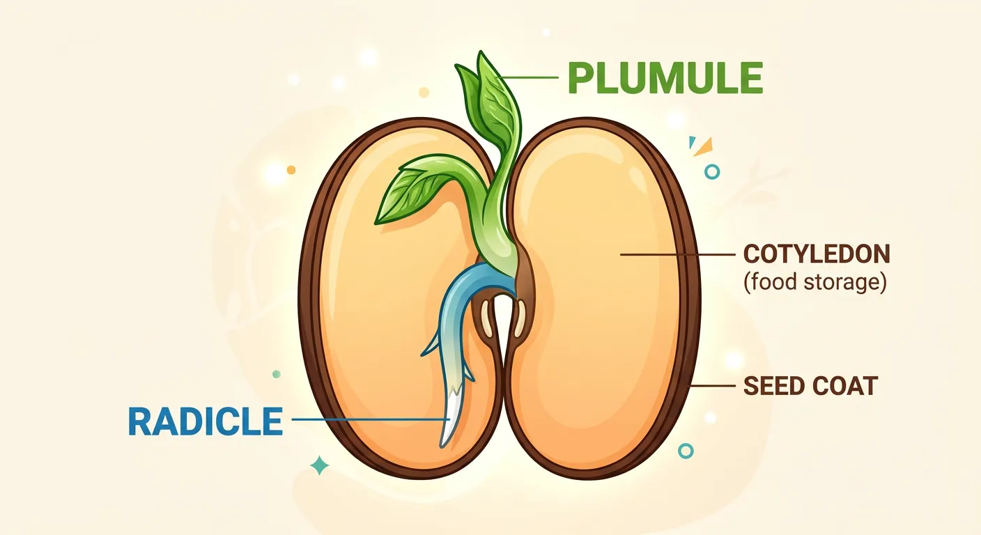 Detailed diagram of a dicot embryo highlighting the plumule, radicle, epicotyl, and hypocotyl.