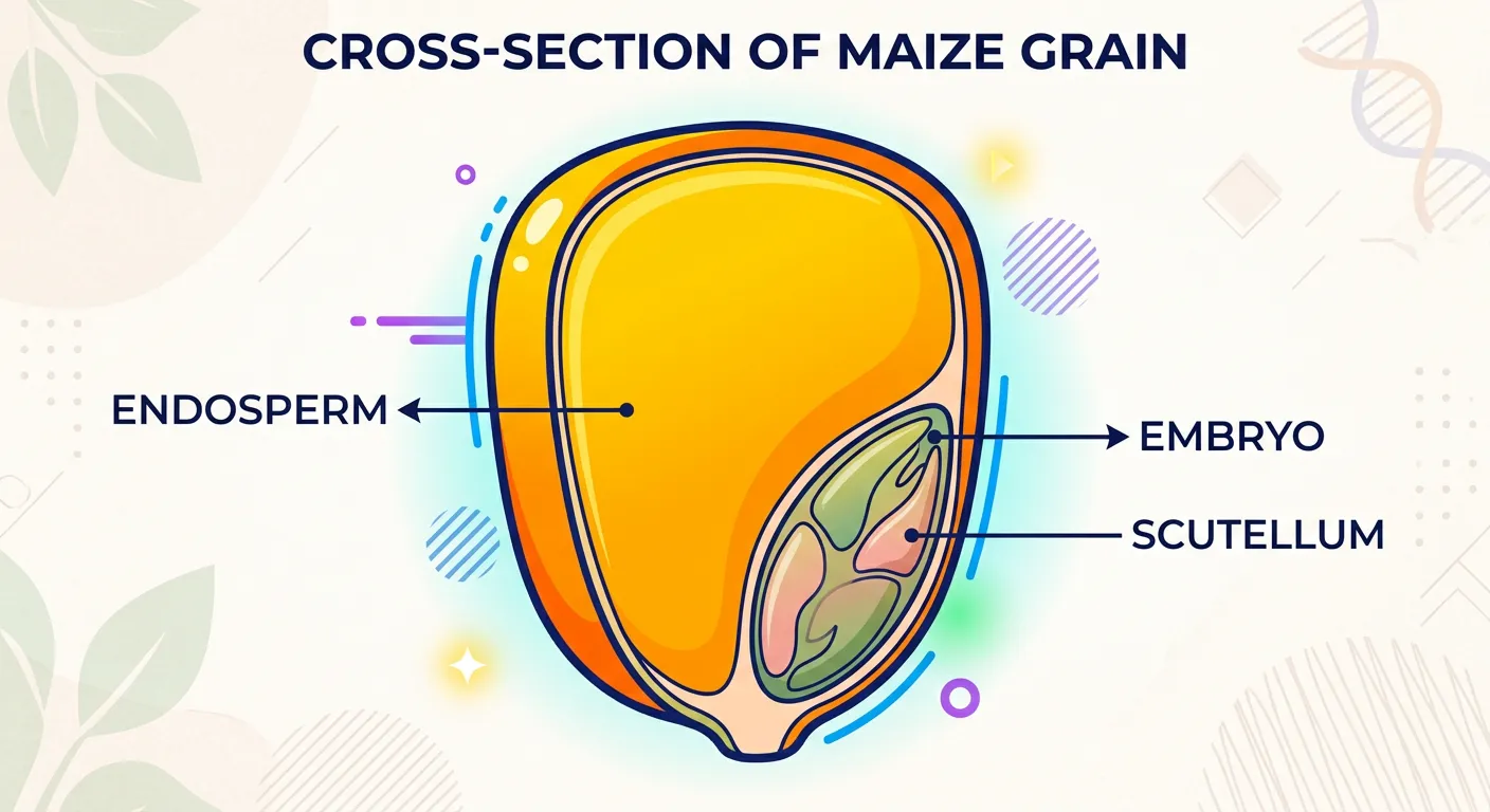 Longitudinal section of a maize grain showing endosperm, aleurone layer, scutellum, coleoptile, and coleorhiza.