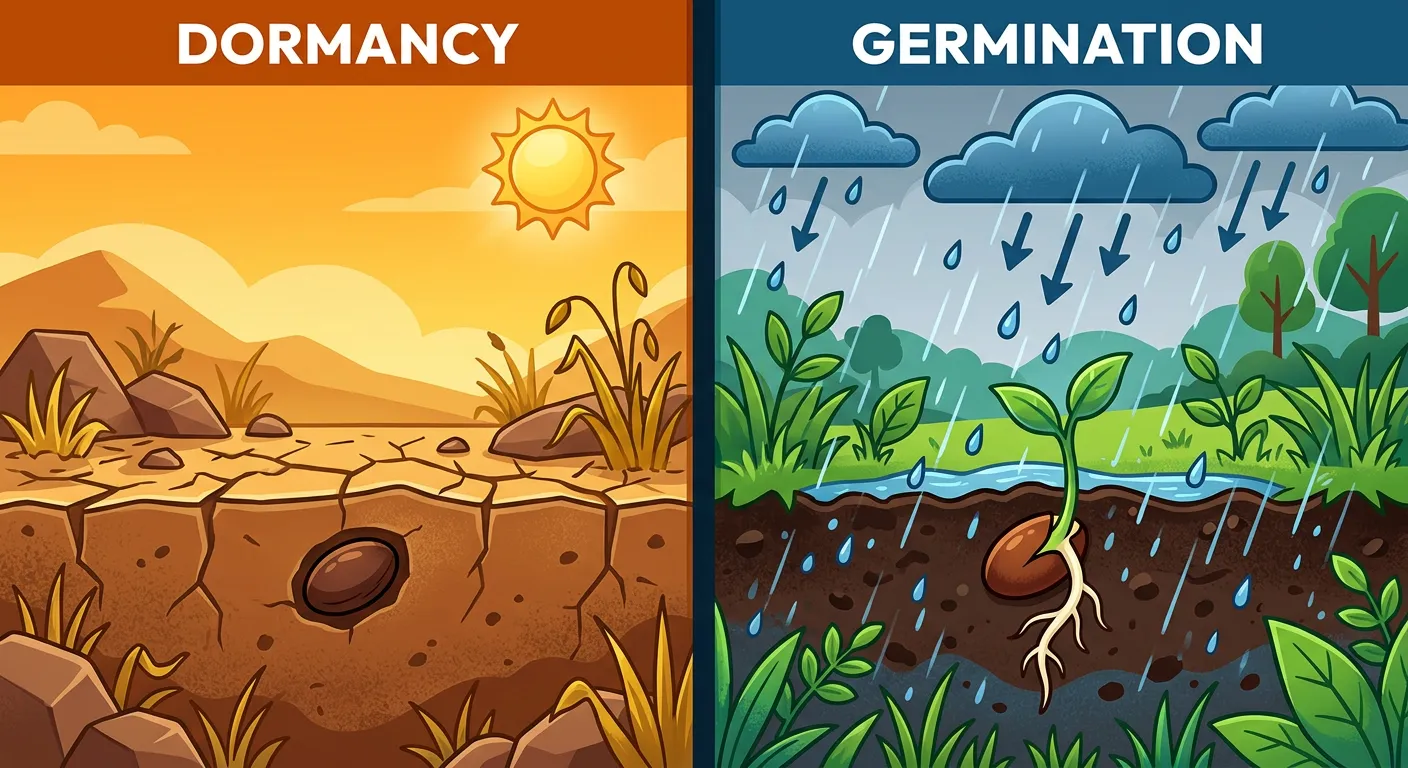 Stages of seed germination from water absorption to the emergence of the first leaves.
