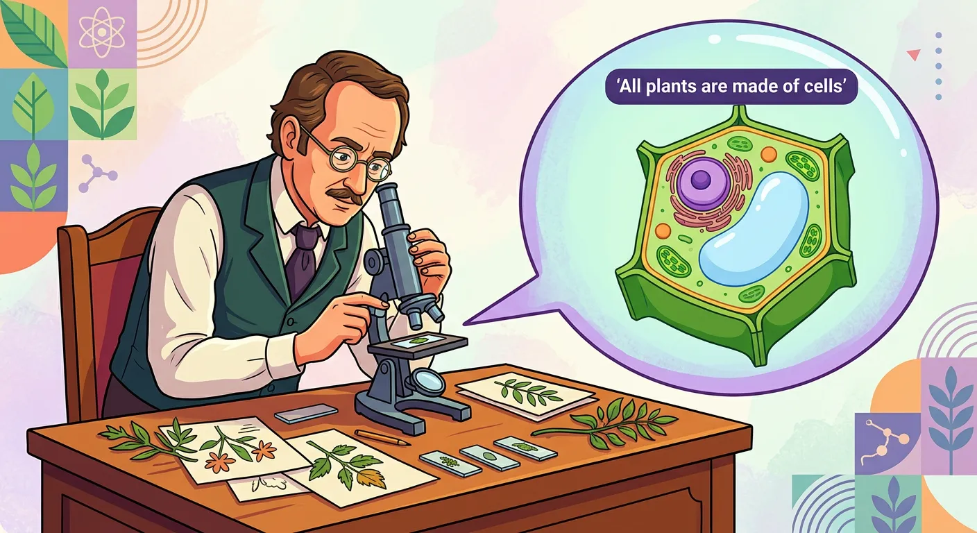 Portrait of Matthias Schleiden and plant cell tissue illustrations