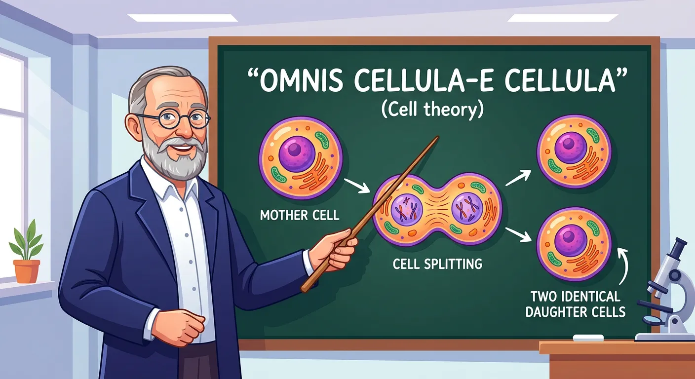 Illustration of a cell dividing with the phrase Omnis cellula-e cellula