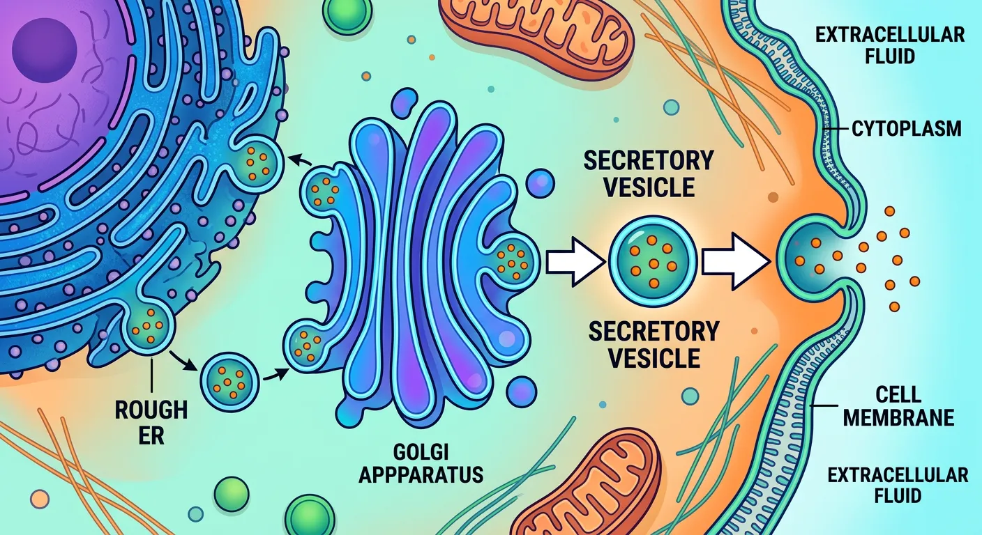 Illustration of secretory vesicles budding from the Golgi and fusing with the plasma membrane.