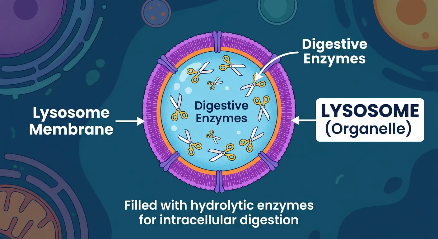 Illustration of various hydrolytic enzymes inside a lysosome