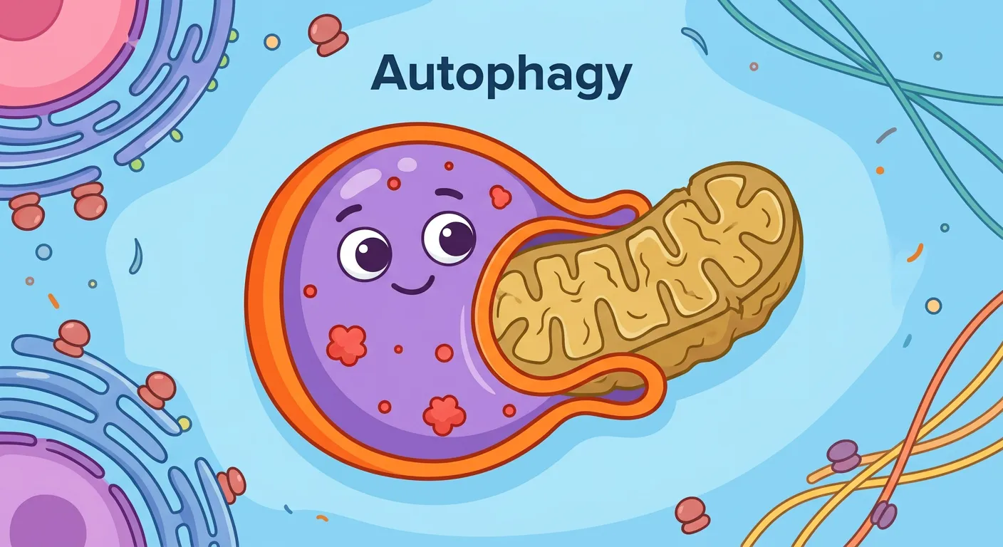 Diagram showing a lysosome engulfing a mitochondrion