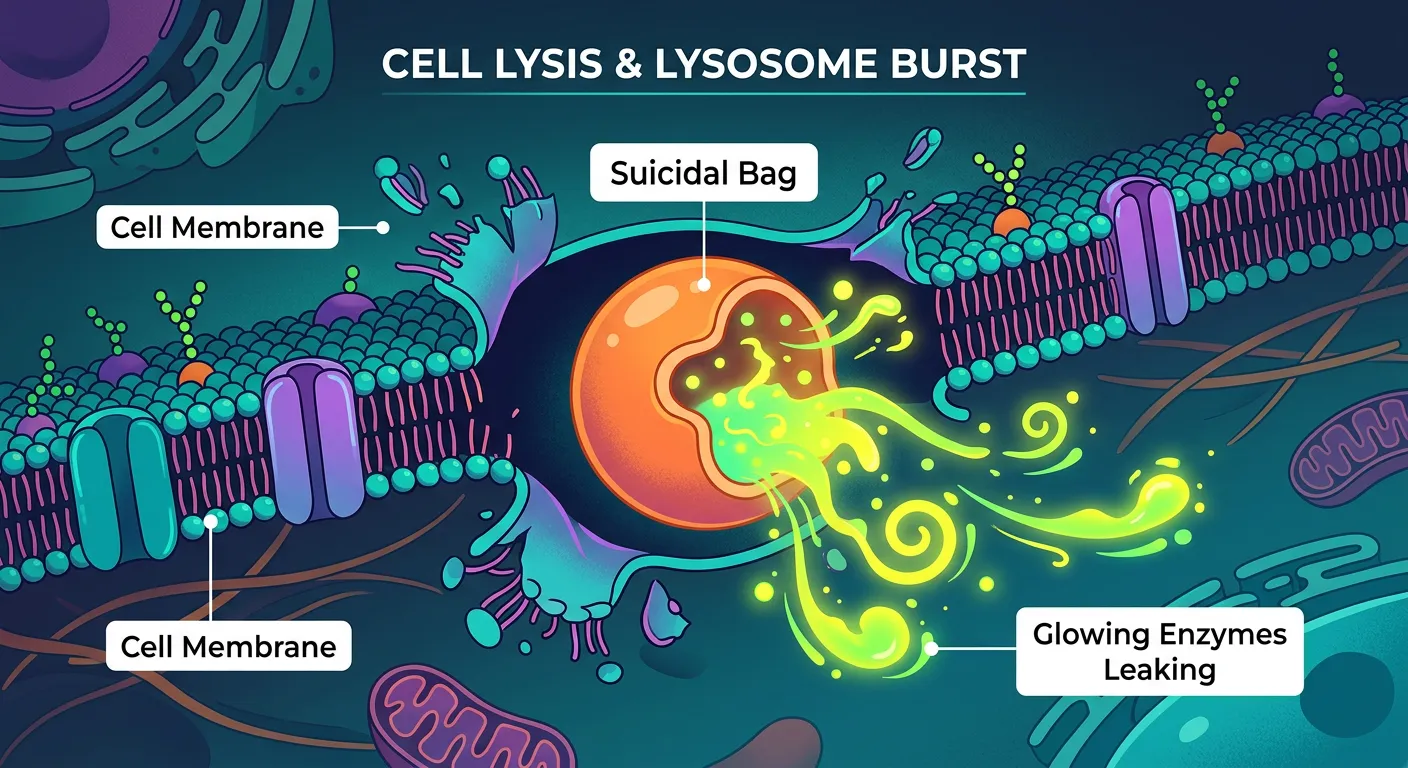 Microscopic view of a cell undergoing autolysis with ruptured lysosomes