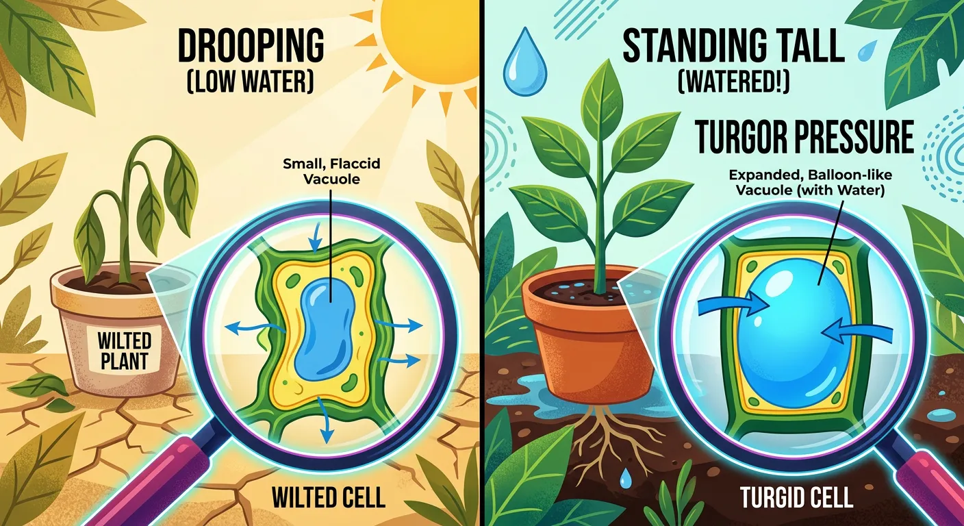 Diagram comparing a turgid plant cell and a wilted plant cell based on vacuolar water content.