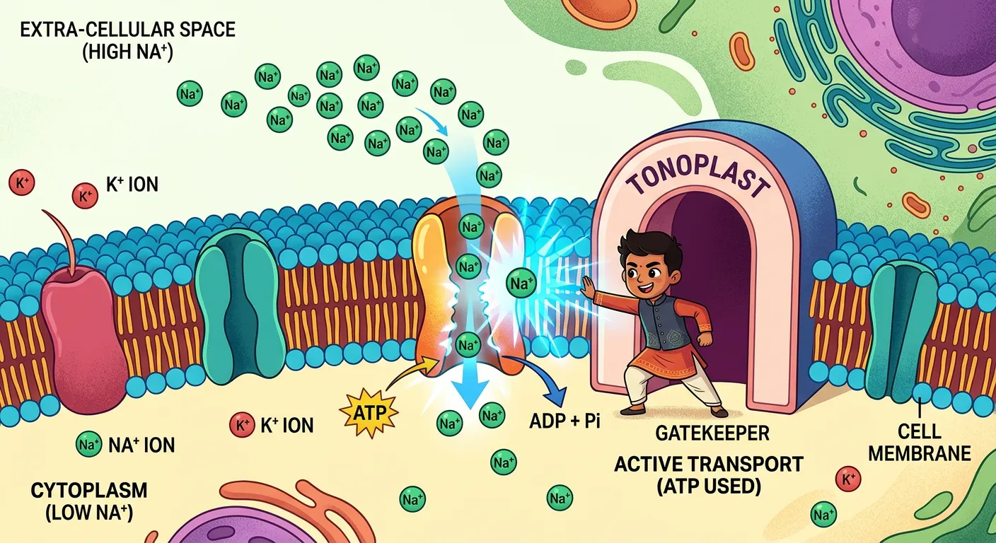Illustration of active transport across the tonoplast membrane showing ions moving against the gradient.