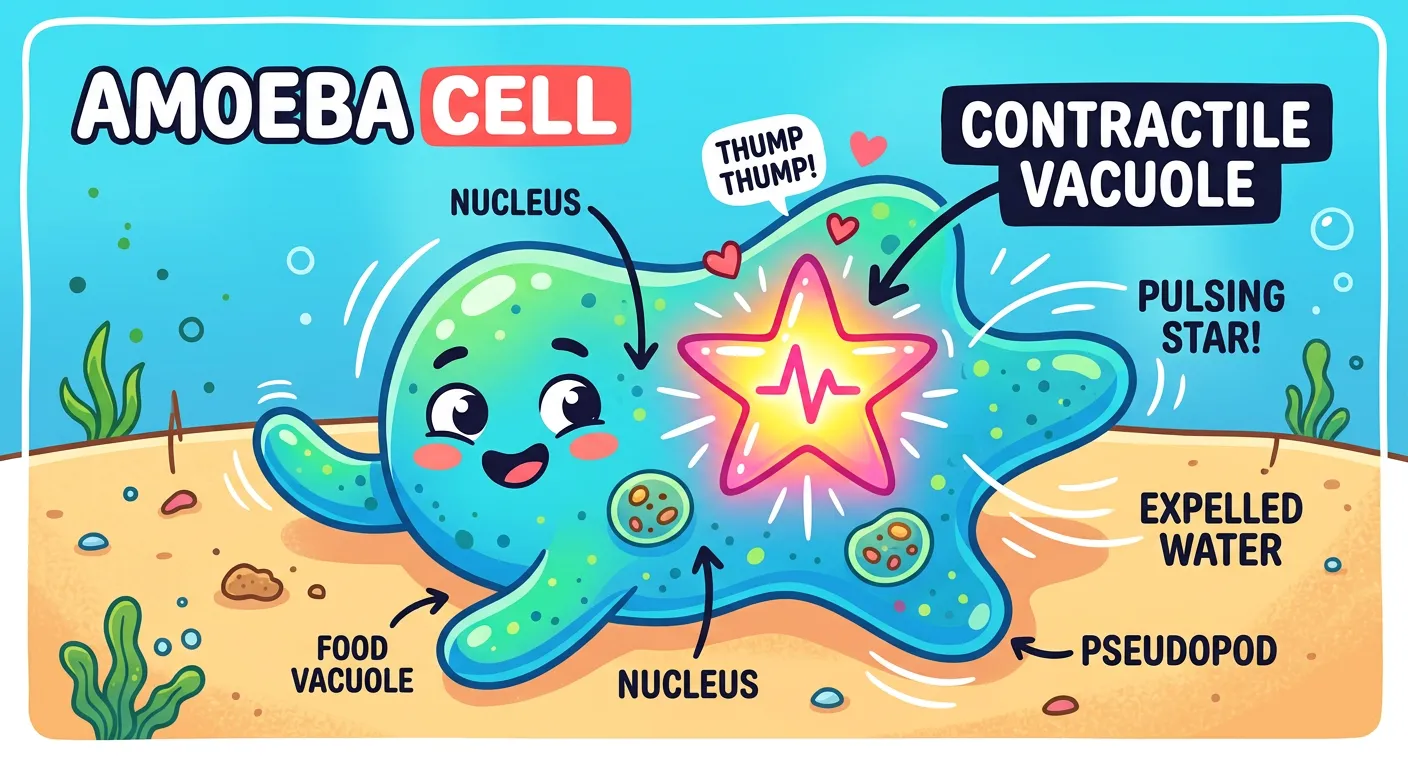 Micrograph and diagram showing the pulsating movement of a contractile vacuole in an Amoeba.