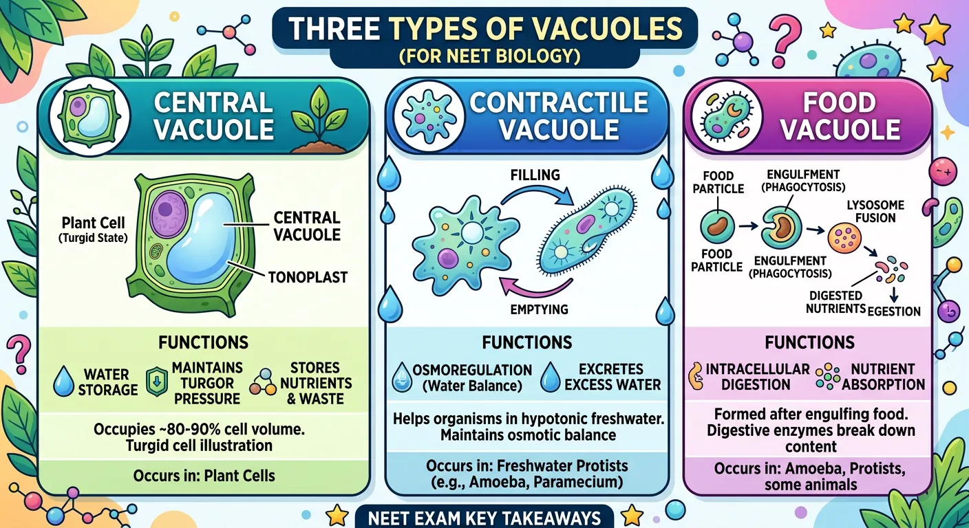 A summary chart comparing different types of vacuoles and their functions across various organisms.