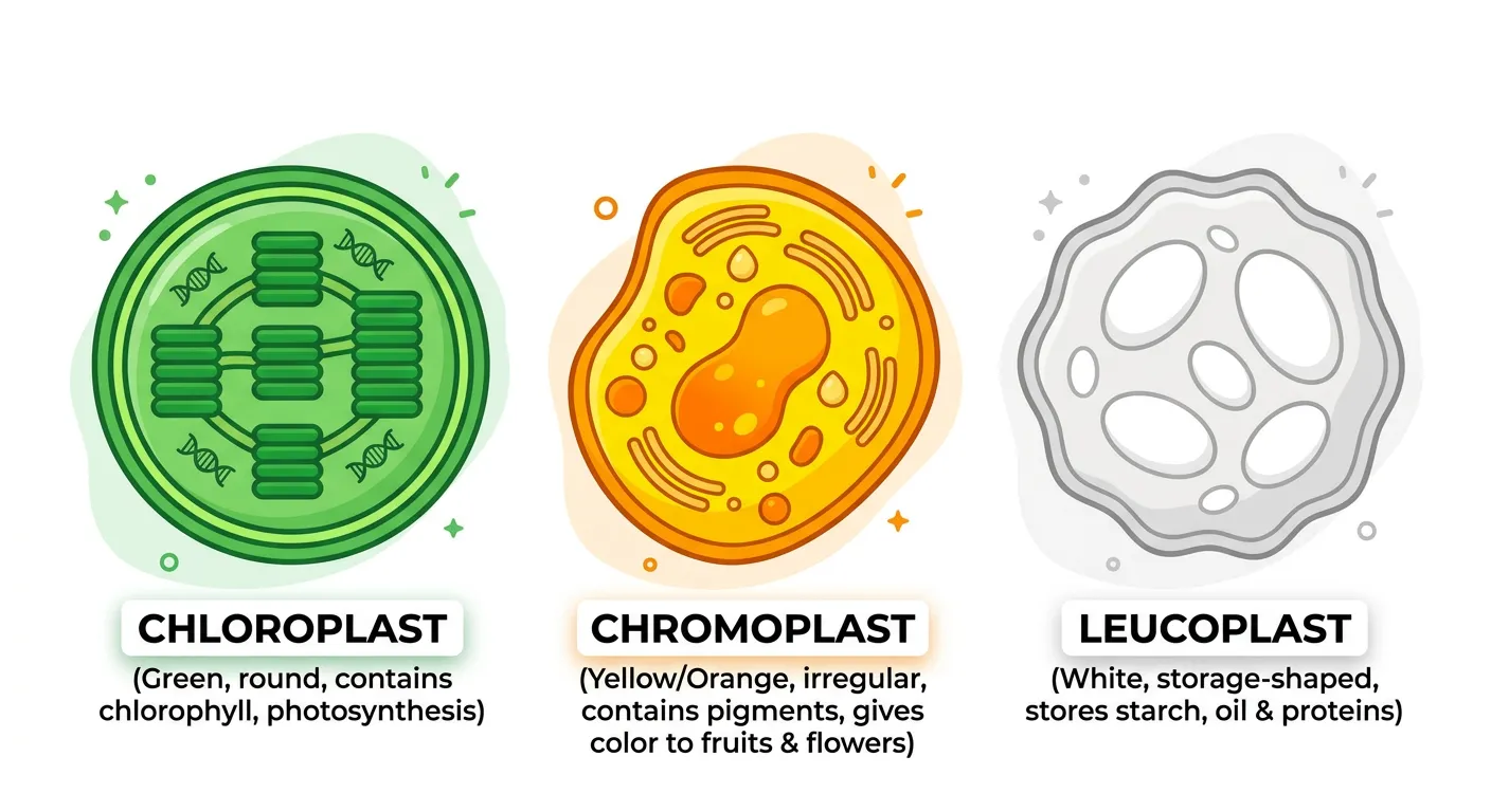 Chart showing the division of plastids into chloroplasts, chromoplasts, and leucoplasts.