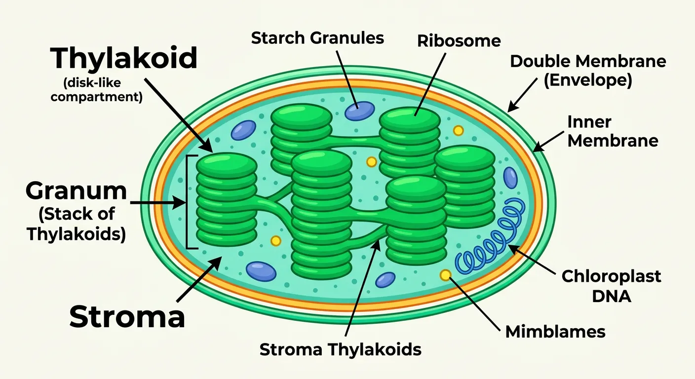Detailed diagram of a chloroplast showing thylakoids, grana, and stroma.