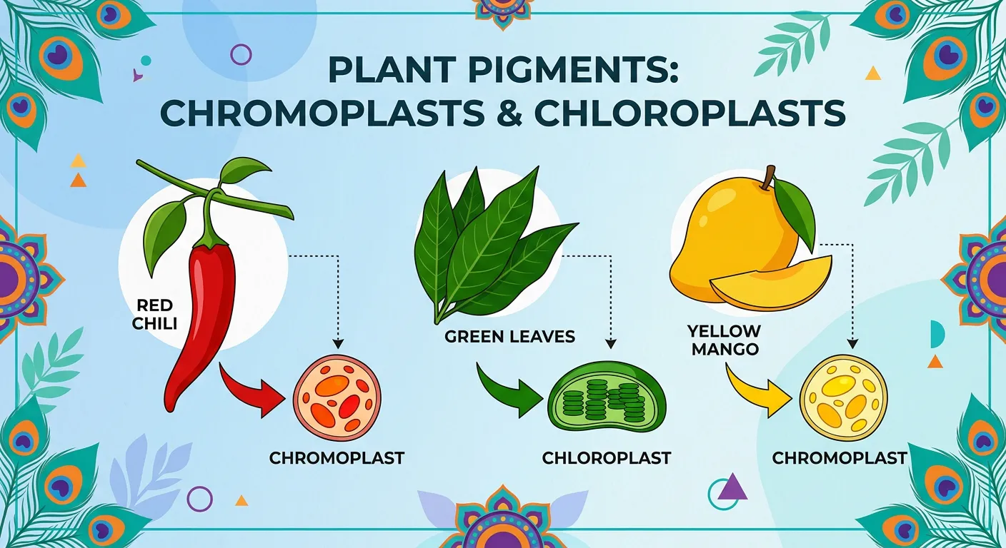 Close-up of chromoplasts in a flower petal cell showing colored pigments.