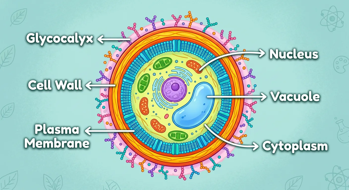 Cross-section of a bacterial cell envelope showing glycocalyx, cell wall, and membrane.